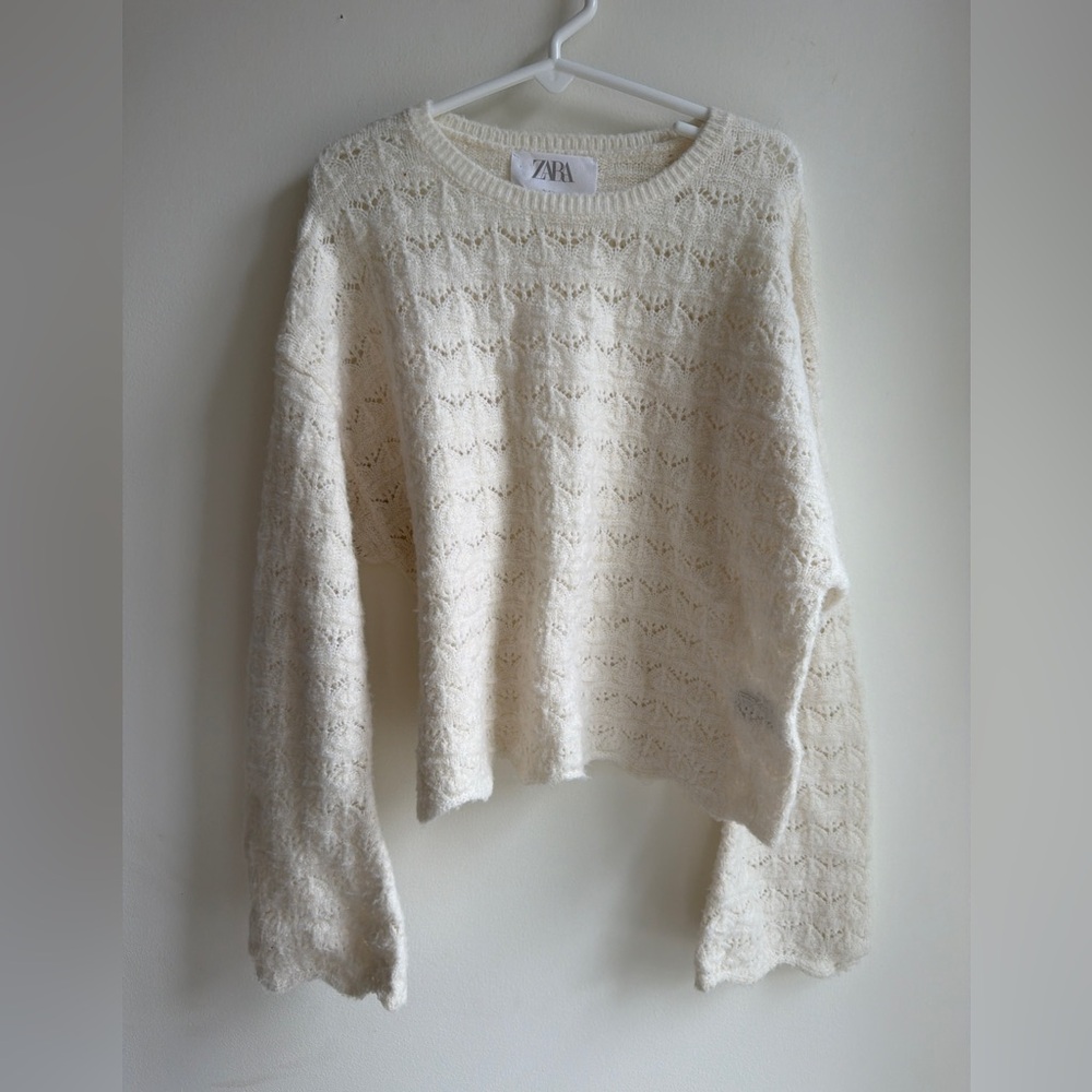 ZARA Girls Cream Open-Knit Scoop Neck Sweater